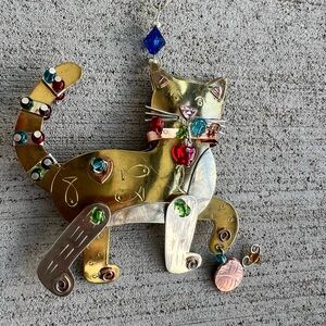 Vintage Handmade Metal Cat Ornament / Hanging Art – Mixed Metal & Beaded Design